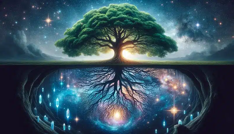 Psicología trascendental. Árbol de la vida: en las raíces puedes ver el universo, en la copa puedes ver un árbol verde y frondoso.