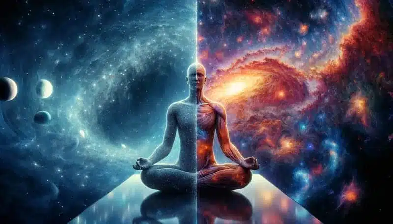 Psicología trascendental Mundos paralelos, hombre sentado en postura de meditación yoga, universo visible detrás de él