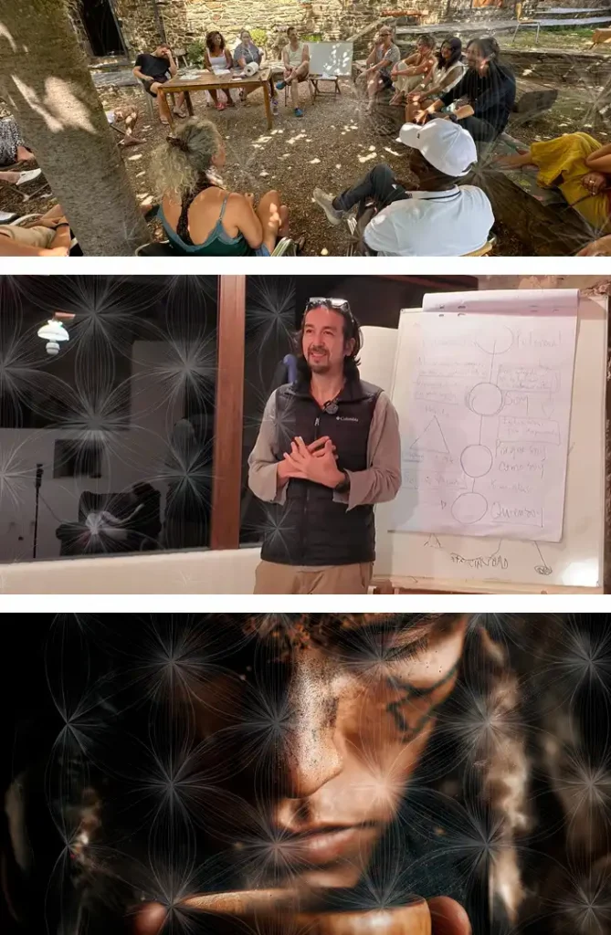 3 images showing group retreats, workshops with Antyhony Tatekawa, and taking ancestral medicines with transcendent psychology