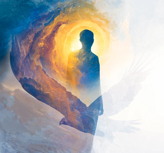 Shadow of a standing man, behind him is the sun, then a shape of a flying condor is above, this denotes liberation and healing