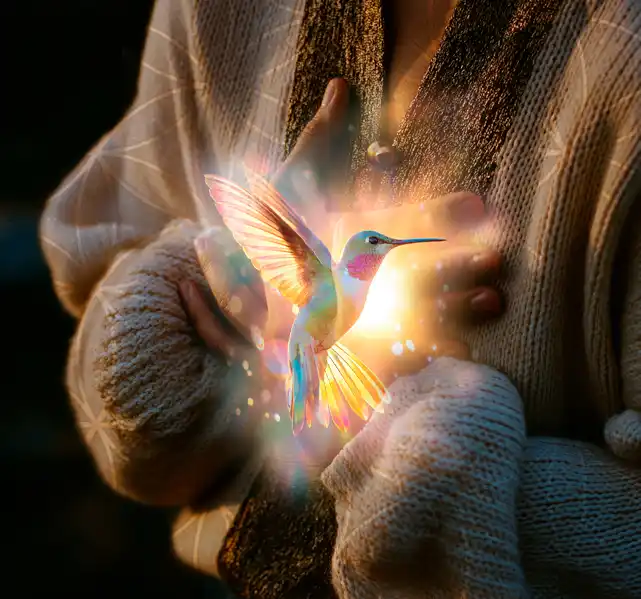 Woman with her hands on her heart, from it emerges a radiant hummingbird