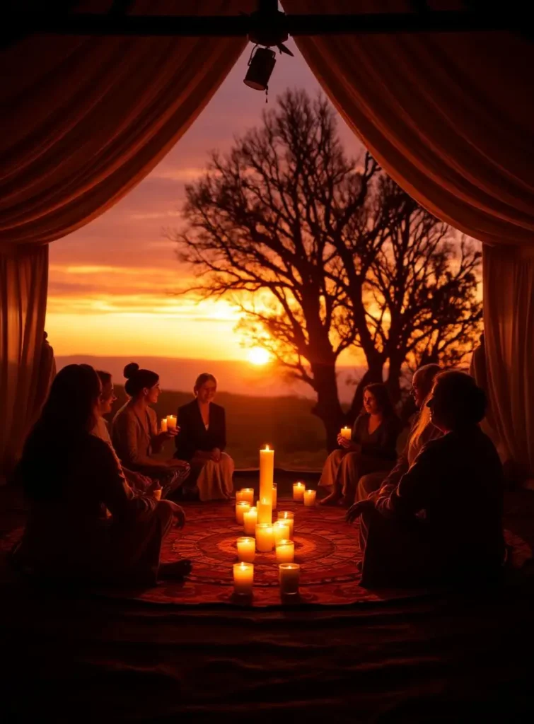 Group of people on a retreat in the mountains, at sunset with the sun setting in the background, a healing journey offered by the Transcendent Institute